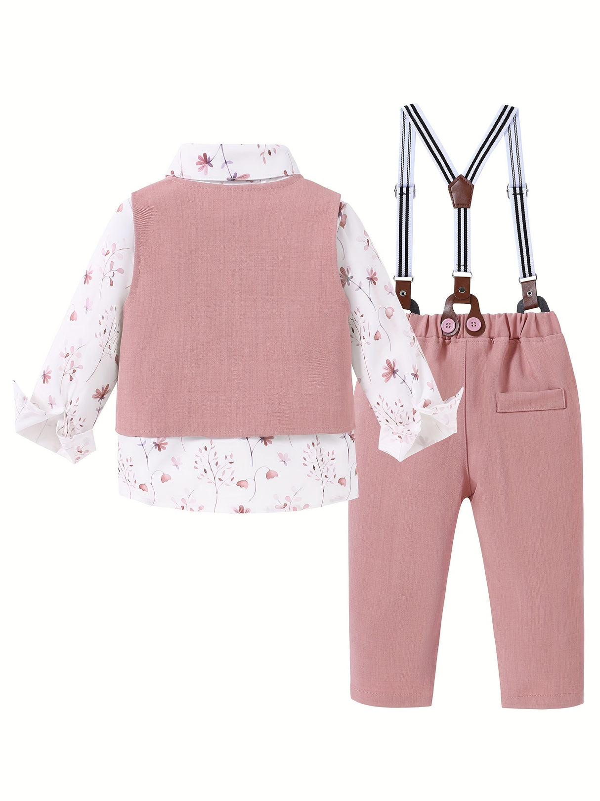 4pcs Toddler Boys Gentleman Outfit Set - Cotton Blend Long Sleeve Shirt, Bowtie, Vest, Suspender Pants with Floral Pattern for Wedding Party - All-Season Regular Fit, Woven Fabric, Single Breasted Lapel Collar, 5.0% Spandex,