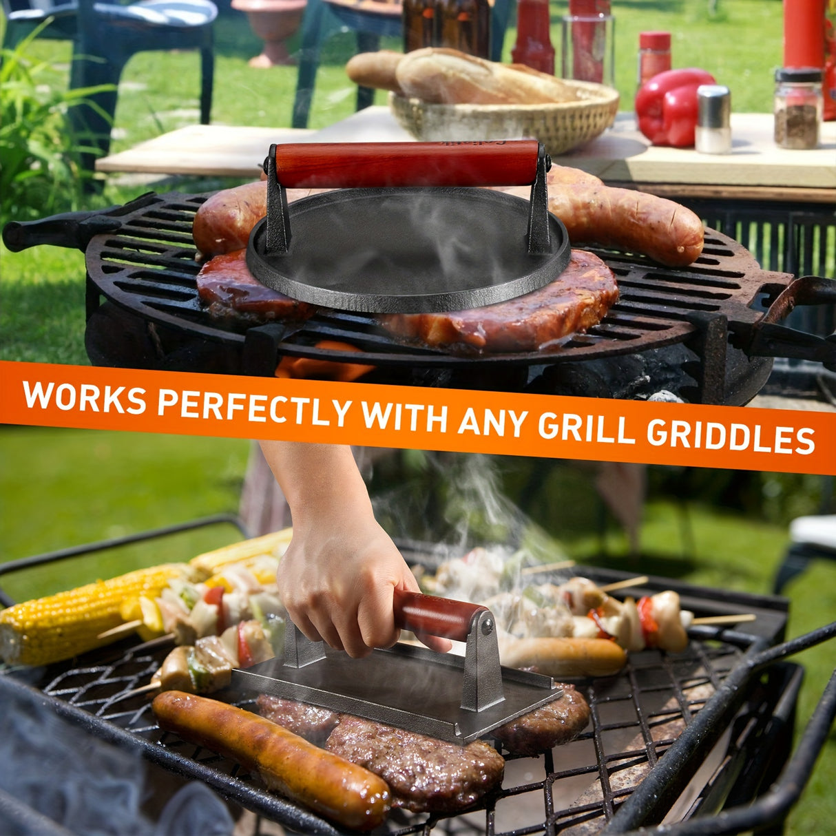 Heavy-Duty Cast Iron Burger Press Kit 7.08" Round & 8.3"X4.3"Rectangle Smash Presses with Wooden Handle-Perfect for Griddle, Grill, and Sandwich Cooking