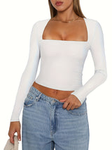 Women's Slim Fit Crop Tops Long Sleeve Square Neck Solid Color T-Shirt Dressy Blouses