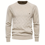 All Match Cotton Knitted Solid Sweater, Men's Casual Warm Slightly Stretch Crew Neck Pullover Sweater For Men Fall Winter