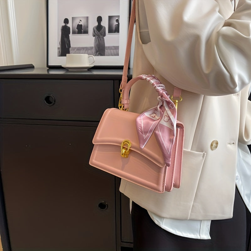 Embossed Square Handbag, Trendy Scarf Decor Crossbody Bag, Women's Small PU Leather Flap Purse