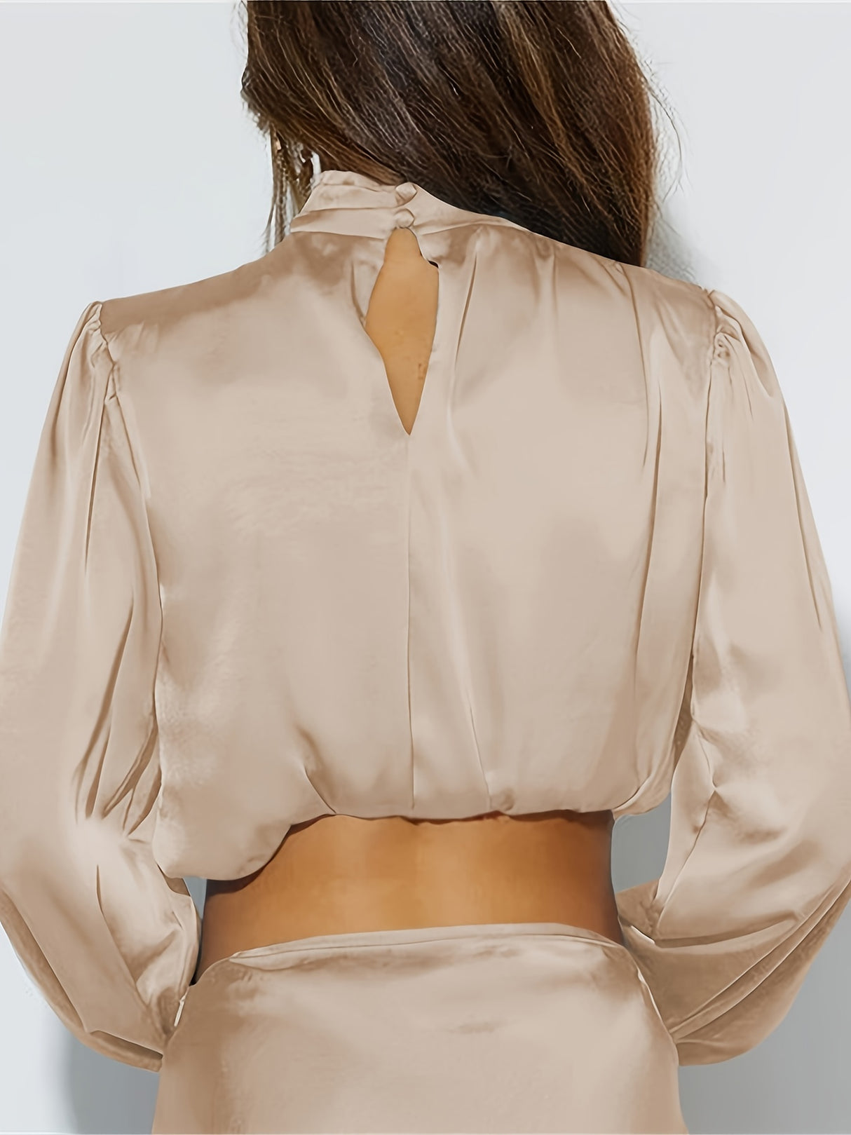 Women Satin Blouses Dressy Cowl Neck Long Sleeve Crop Tops