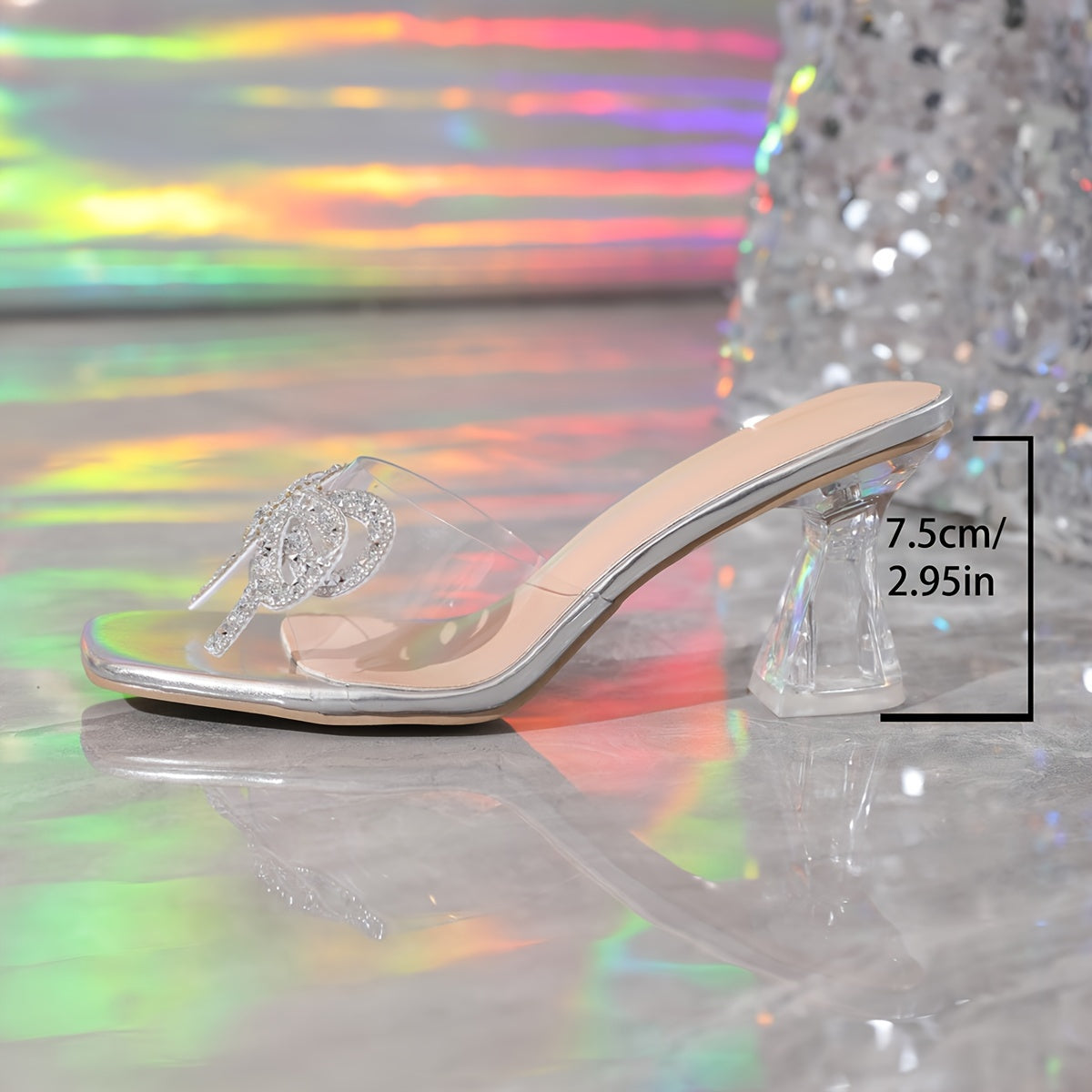 Crystal High Heel Rhinestone Sandals for Women, Crystal High Heels for Women with Rhinestone Transparent Thick Heels, Women's Summer Metallic Square Head High Heels, Women's Rhinestone High Heels, Fashionable Square Toe Sanda