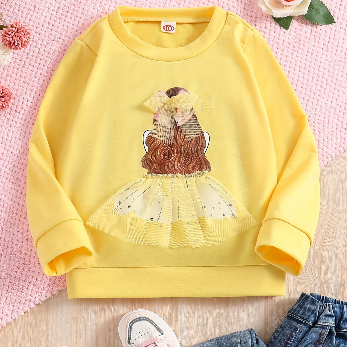 Girls, Mesh Bowknot Princess Design Pullover Long Sleeve Crew Neck Sweatshirt Tops, Kids Clothes For Spring Fall