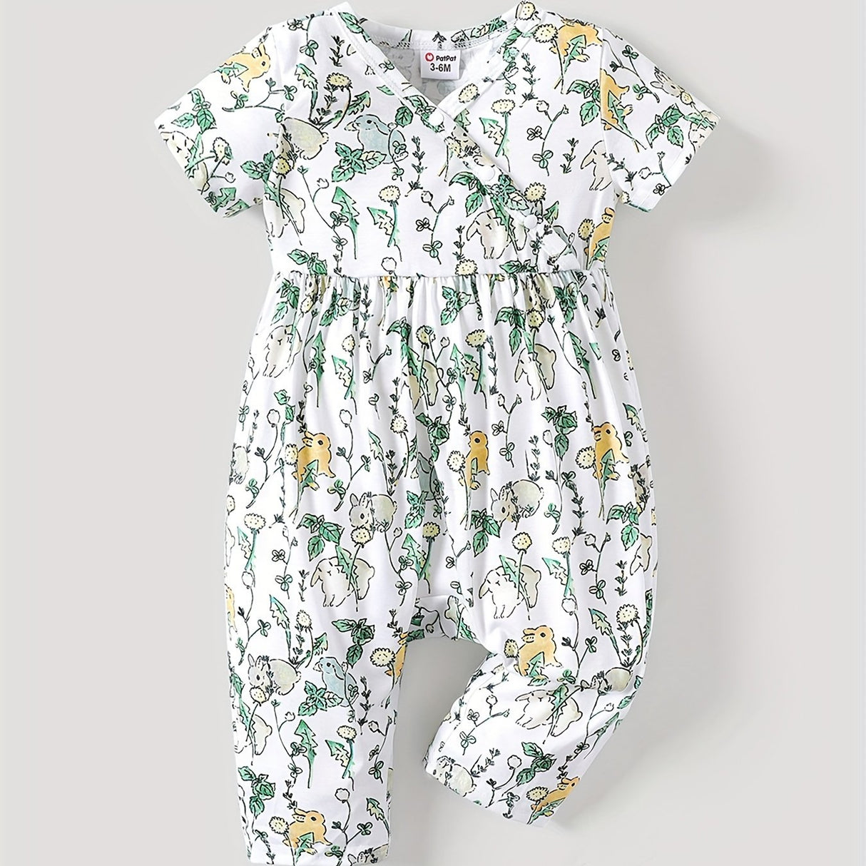 PatPat Baby Girl Cute All Over Rabbit Print/Solid Ribbed V Neck Short-sleeve Jumpsuit For Summer Outdoor Wear