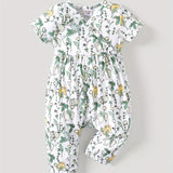 PatPat Baby Girl Cute All Over Rabbit Print/Solid Ribbed V Neck Short-sleeve Jumpsuit For Summer Outdoor Wear