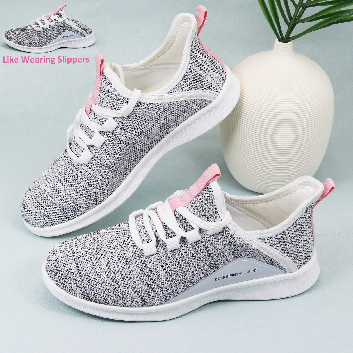 Women's Casual Slip-on Sneakers, Lightweight Lace Up Running Shoes, Knitted Low Top Sneakers