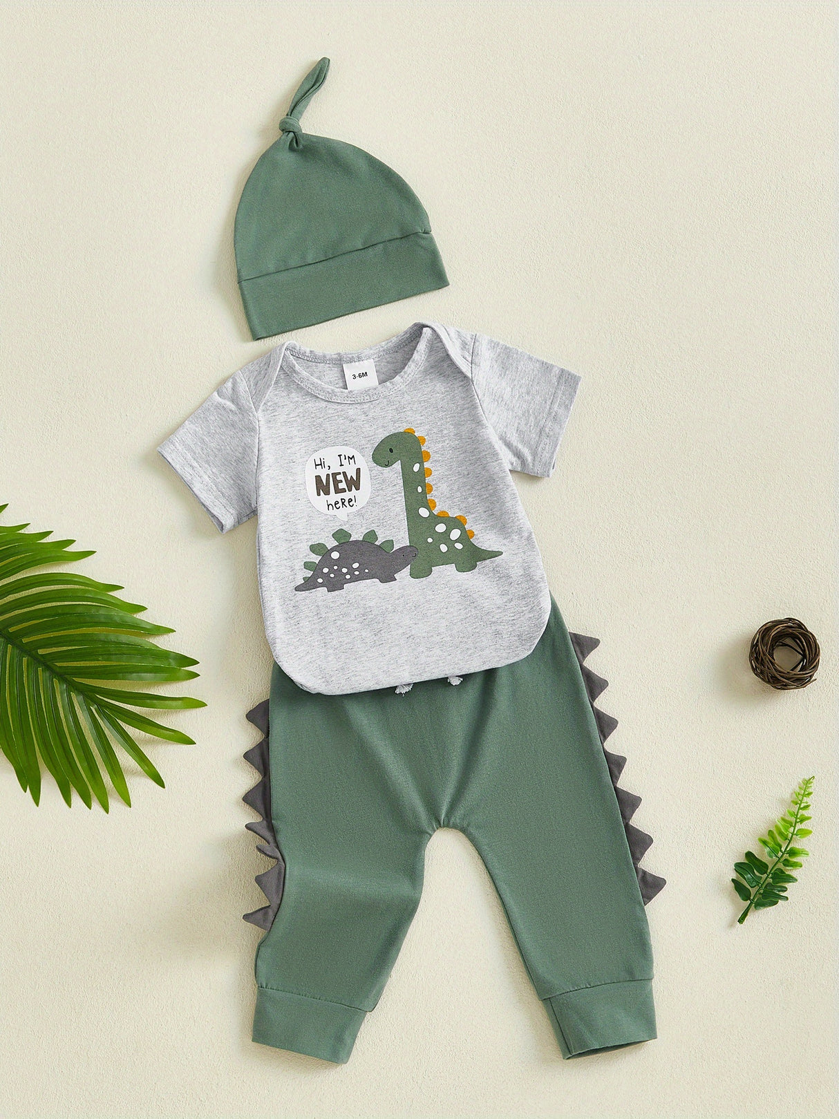 Baby Boy Summer Outfits Letter Dinosaur Print Short Sleeve Round Neck Romper with Solid Pants and Hat 3pcs Set, for Outdoor