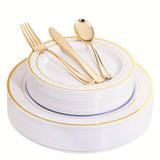 50pcs Gold Plastic Plates with Silverware, Gold Dinnerware Set Perfect for Wedding Includes: 10 Dinner Plates 10.25", 10 Salad Plates 7.5", 10 Gold Silverware Sets, White Gold Plates for Party, Holidays, Hand washable and reu