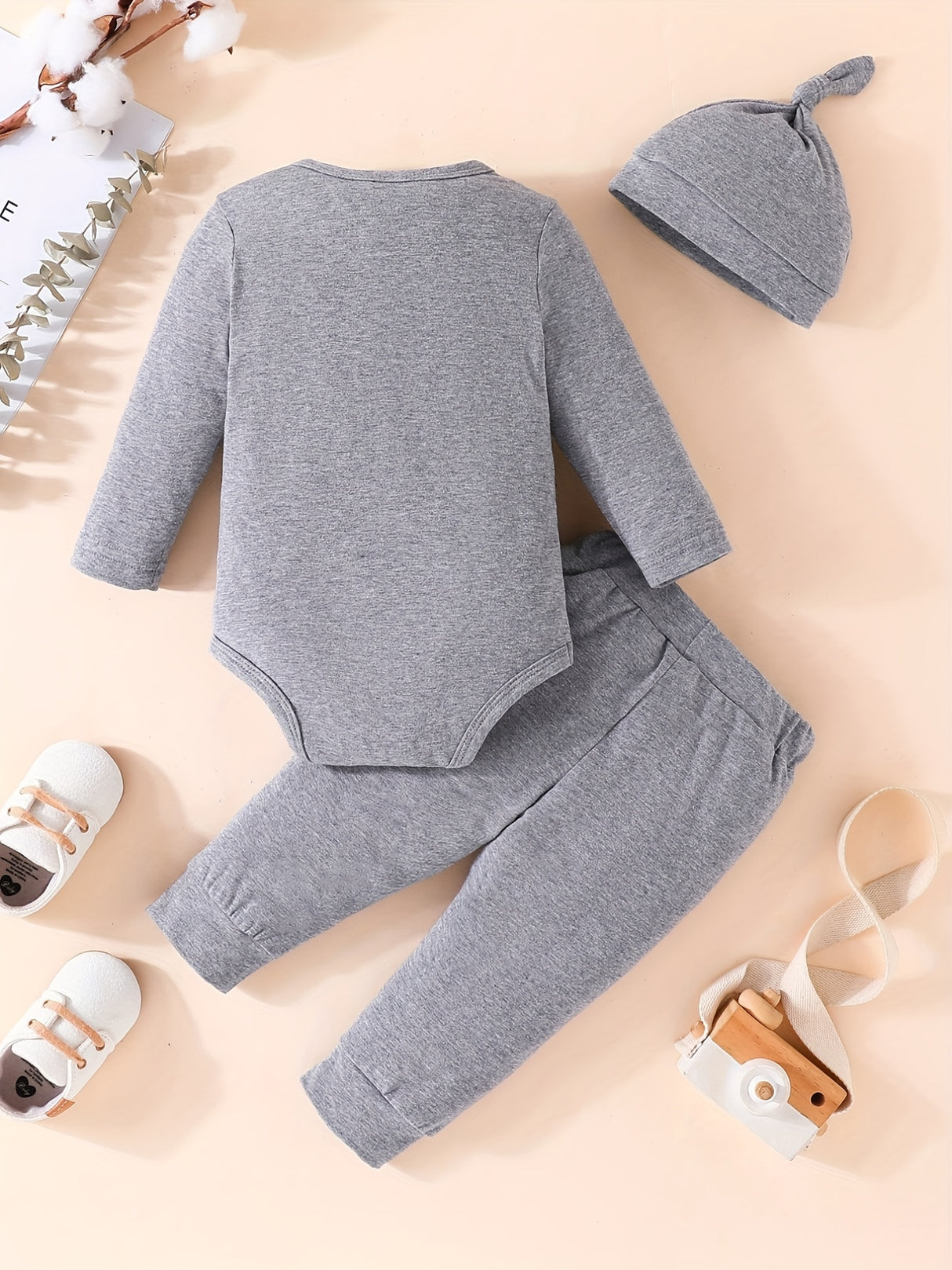3pcs Baby Boy Long-sleeved Romper + Trousers + Hat, Casual Cotton Set