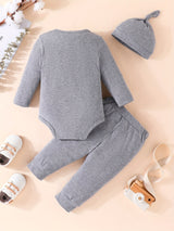 3pcs Baby Boy Long-sleeved Romper + Trousers + Hat, Casual Cotton Set