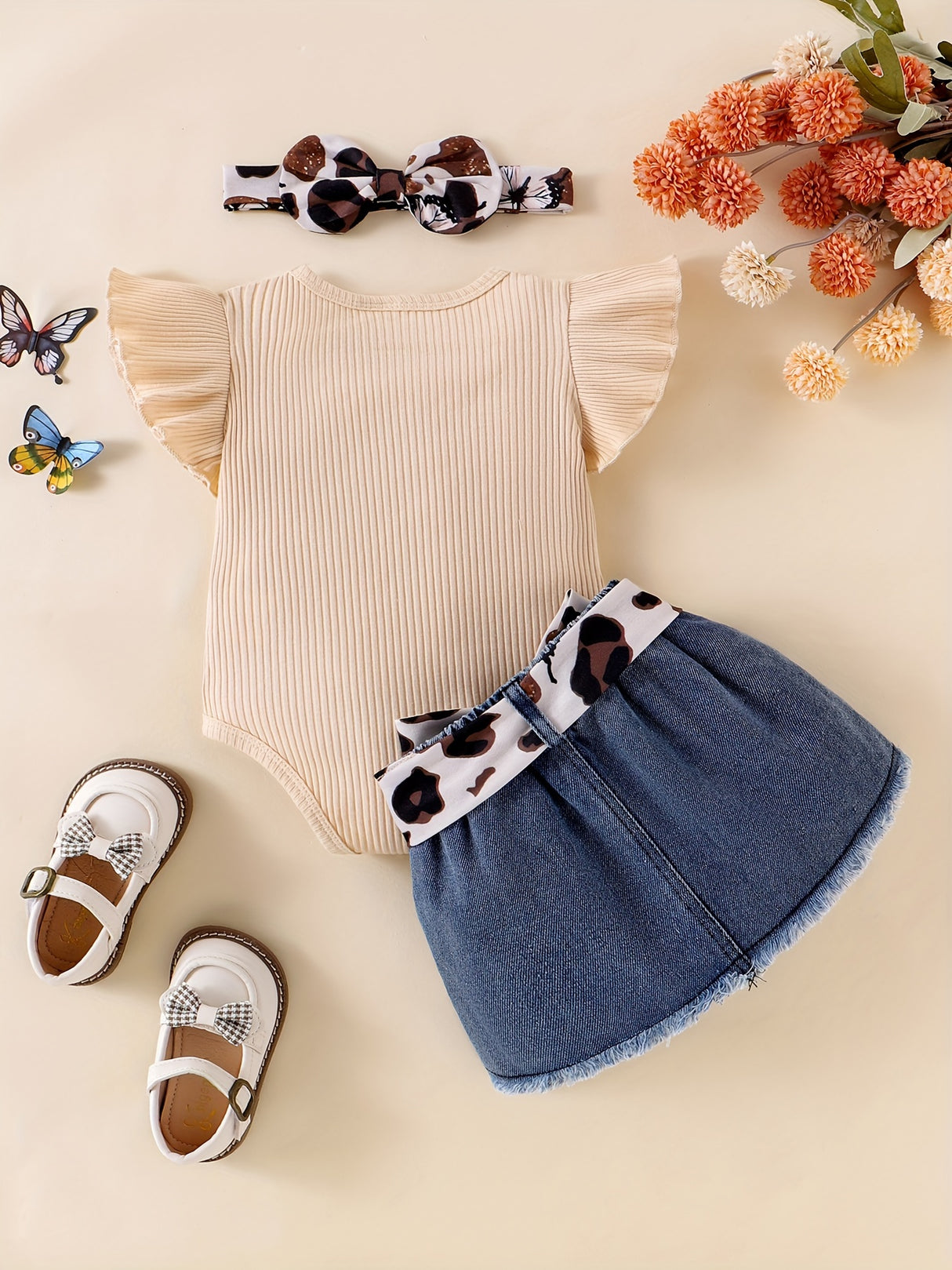 Baby Girl Clothes Newborn Short Sleeve Ruffle Romper Short Jeans Pants Leporad Infant Outfits 3pcs