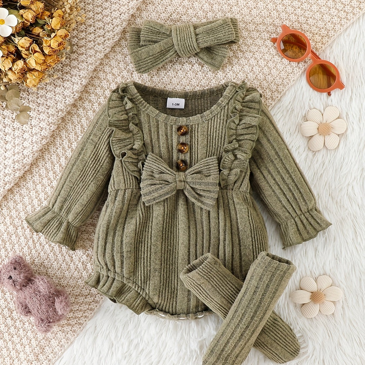 3pcs Baby Girl Ruffled Lace Bow Onesie & Headband & Socks Outdoor Set, Fall Winter Warm Outwear, Pregnant Mom's Gift