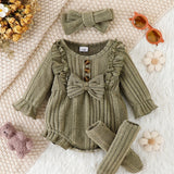 3pcs Baby Girl Ruffled Lace Bow Onesie & Headband & Socks Outdoor Set, Fall Winter Warm Outwear, Pregnant Mom's Gift