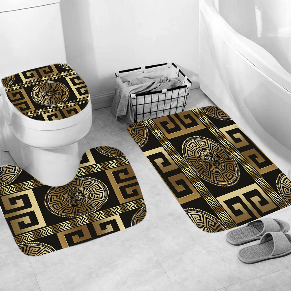 1/4pcs Black Golden Geo Printed Shower Curtain Set - Waterproof, Anti-Slip, and Decorative Bathroom Essentials with 12 Plastic Hooks, Bathtub Partition, and 4-Piece Mat Set - Complete Bathroom Decor Solution