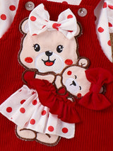 Baby Girl Outfit Summer Lace Short Sleeved + Teddy Bear Strap Skirt +Headknot 3pcs with 0-18Months