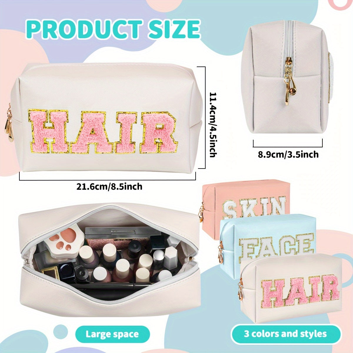 1/3pcs CHENILLE Preppy Makeup Bag for Women Travel Toiletry Bag Chenille Letter Cosmetic Bag PU Leather Waterproof Pouch Cute Zipper Organizer, Skin, Hair and Face