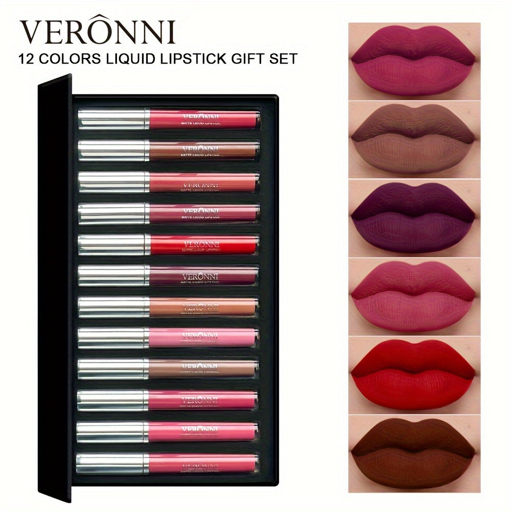 VERONNI 12pc Lip Glaze Collection - Smudge-proof Matte Lipstick Set with Non-transfer Formula - Diverse Multicolor Glosses for All-day Wear - Ultimate Makeup Kit & Festive Gift for Her