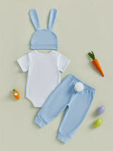 Baby Boy Easter Outfits Short Sleeve Bunny Embroidery Romper with Long Pants and Hat 3pcs Set, for Outdoor