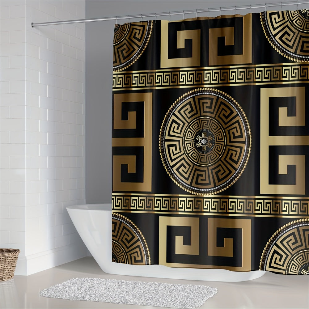 1/4pcs Black Golden Geo Printed Shower Curtain Set - Waterproof, Anti-Slip, and Decorative Bathroom Essentials with 12 Plastic Hooks, Bathtub Partition, and 4-Piece Mat Set - Complete Bathroom Decor Solution