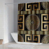 1/4pcs Black Golden Geo Printed Shower Curtain Set - Waterproof, Anti-Slip, and Decorative Bathroom Essentials with 12 Plastic Hooks, Bathtub Partition, and 4-Piece Mat Set - Complete Bathroom Decor Solution