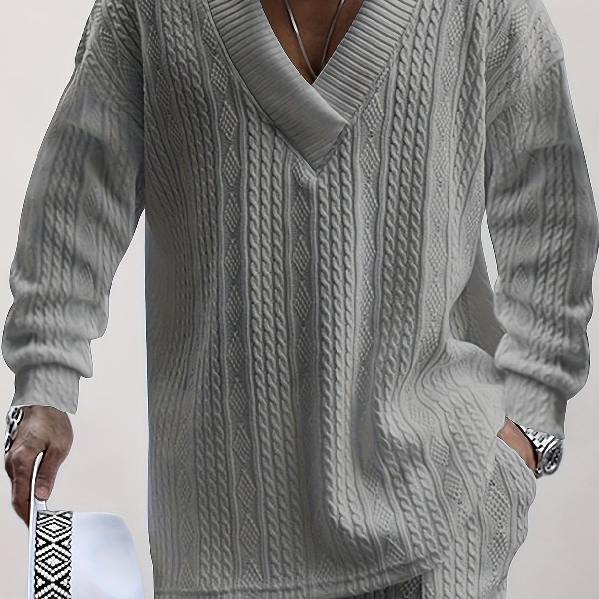 Cotton Blend Loose All Match Knitted Cable Sweater, Men's Casual Warm Slightly Stretch V Neck Pullover Sweater For Men Fall Winter, Old Money Style