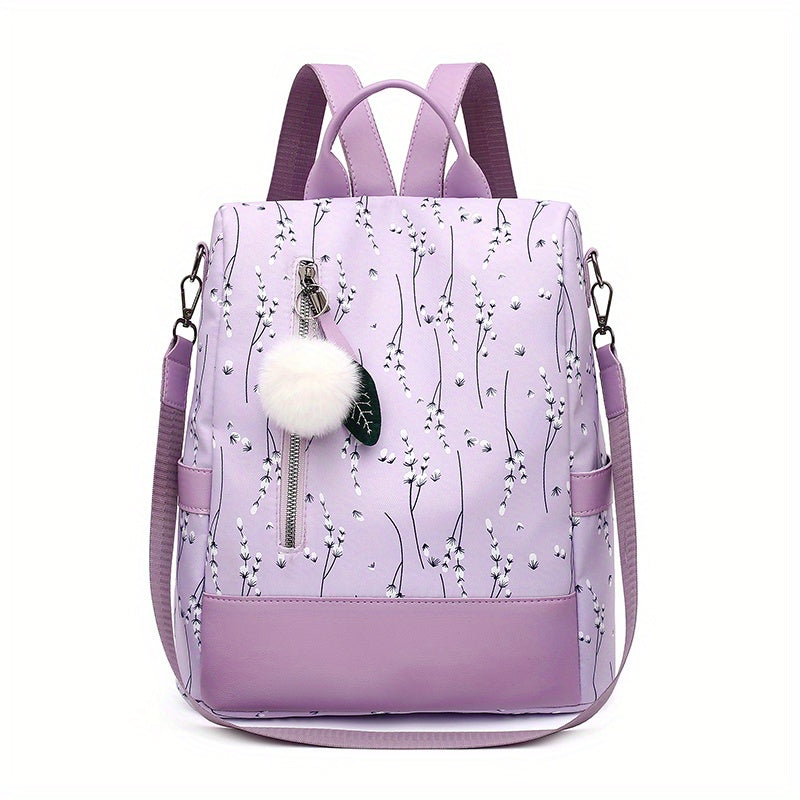 Pompom Decor Anti-Theft Travel Backpack Purse For Women - Floral Print Shoulder Bag - School Bag