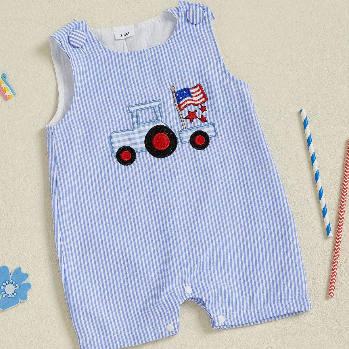 Toddler Boys Rompers Independence Day Clothes Flag Star Embroidery Stripe Summer Sleeveless Overalls Bodysuits Jumpsuits, for Outdoor