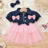 Baby Girl Outfit Denim Head Knot+Denim Short -Sleeved Jacket+Sling Mesh Skirt with 3 - 24 Months, Perfect for Outdoor