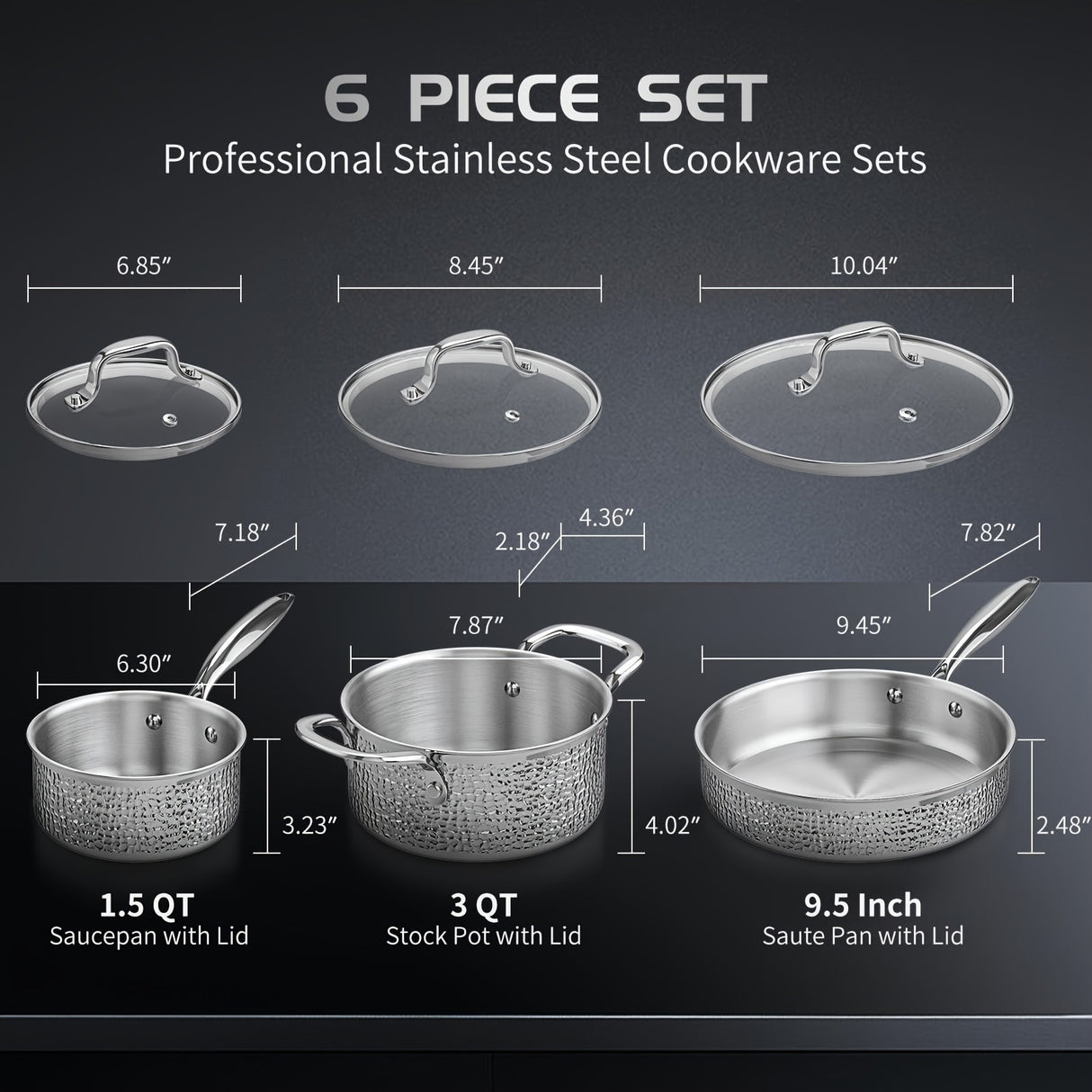 Wodillo 6pcs Hammered Cookware Set, Stainless Steel Pots And Pans Set With Tempered Glass Lids, Kitchen Induction Cooking Pot And Pan Set Compatible With All Cooktops, Oven & Dishwasher Safe