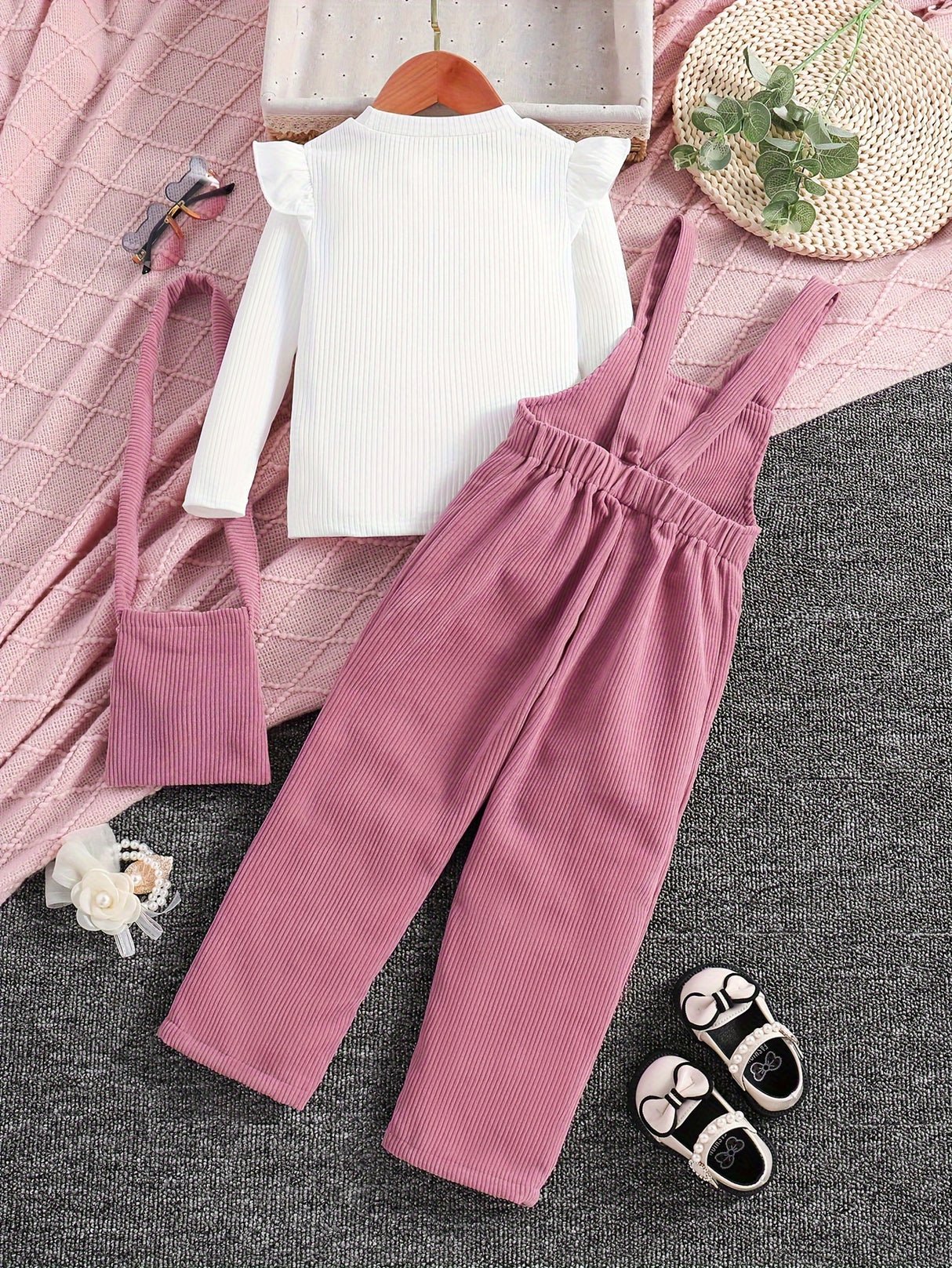 3PCS Flutter Trim Long Sleeve Top + Embroidery Jumpsuit Romper + Bag Set Kids Clothes For Girls Spring Fall Gift