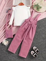 3PCS Flutter Trim Long Sleeve Top + Embroidery Jumpsuit Romper + Bag Set Kids Clothes For Girls Spring Fall Gift