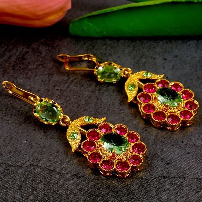 Vintage-Inspired 925 Silver Plated, 14K Gold Plated Dangle Earrings with Mosaic Synthetic Gems, Boho Chic Flower Rose Red Leaf Design, Zinc Alloy Construction, Ideal Gift for Women