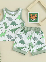 2-Piece Toddler Boys Set, Summer Outfit, Elastic Waist, Crew Neck Tank Top + Shorts, Casual Dinosaur Print Clothing Set
