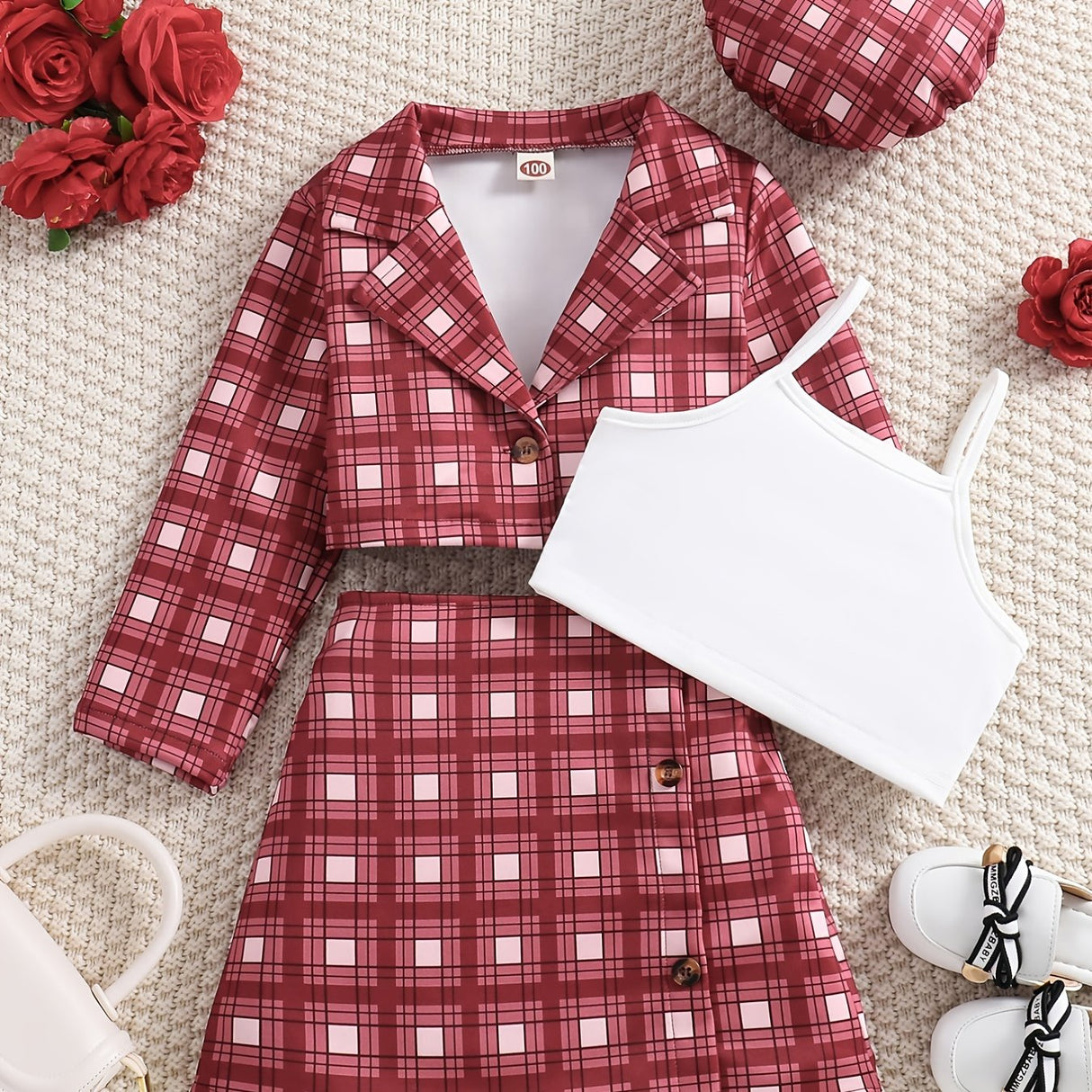 Girl's Trendy 4pcs, Long Sleeve Blazer & Beret Hat & Camisole & Skirt Set, Plaid Print Casual Outfits, Kids Clothes For Spring Summer