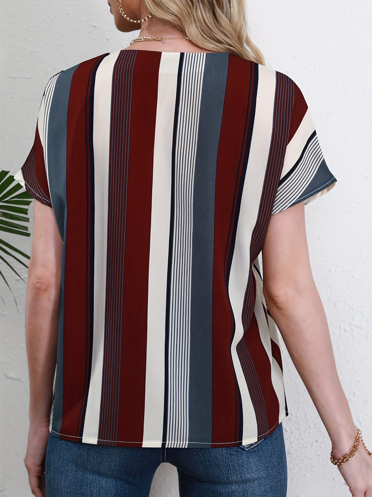 Striped Notched Neck Blouse, Casual Short Sleeve Blouse For Spring & Summer, Women's Clothing