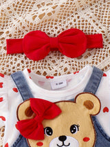 Baby Girl Outfit Summer Cute Strap Dress Set Headknot + Love Printed Climbing Clothes + Cowboy Bear Embroidered Strap Dress Three Piece Set With 0-18 Months, for Outdoor