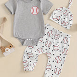 0-18 Months Baby Boy Summer Outfits Short Sleeve Romper Baseball Pants Hat Set, for Outdoor