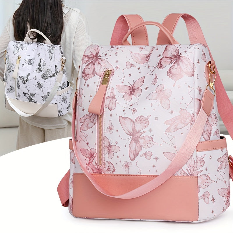 New Chinese Style Silvery Butterfly Print Bag for Women PU Soft This Year's Popular Versatile Single Shoulder Double Shoulder Handbag Trendy Anti-theft School Bag Large Capacity Simple Commuting Outdoor Travel Work Women's Ba