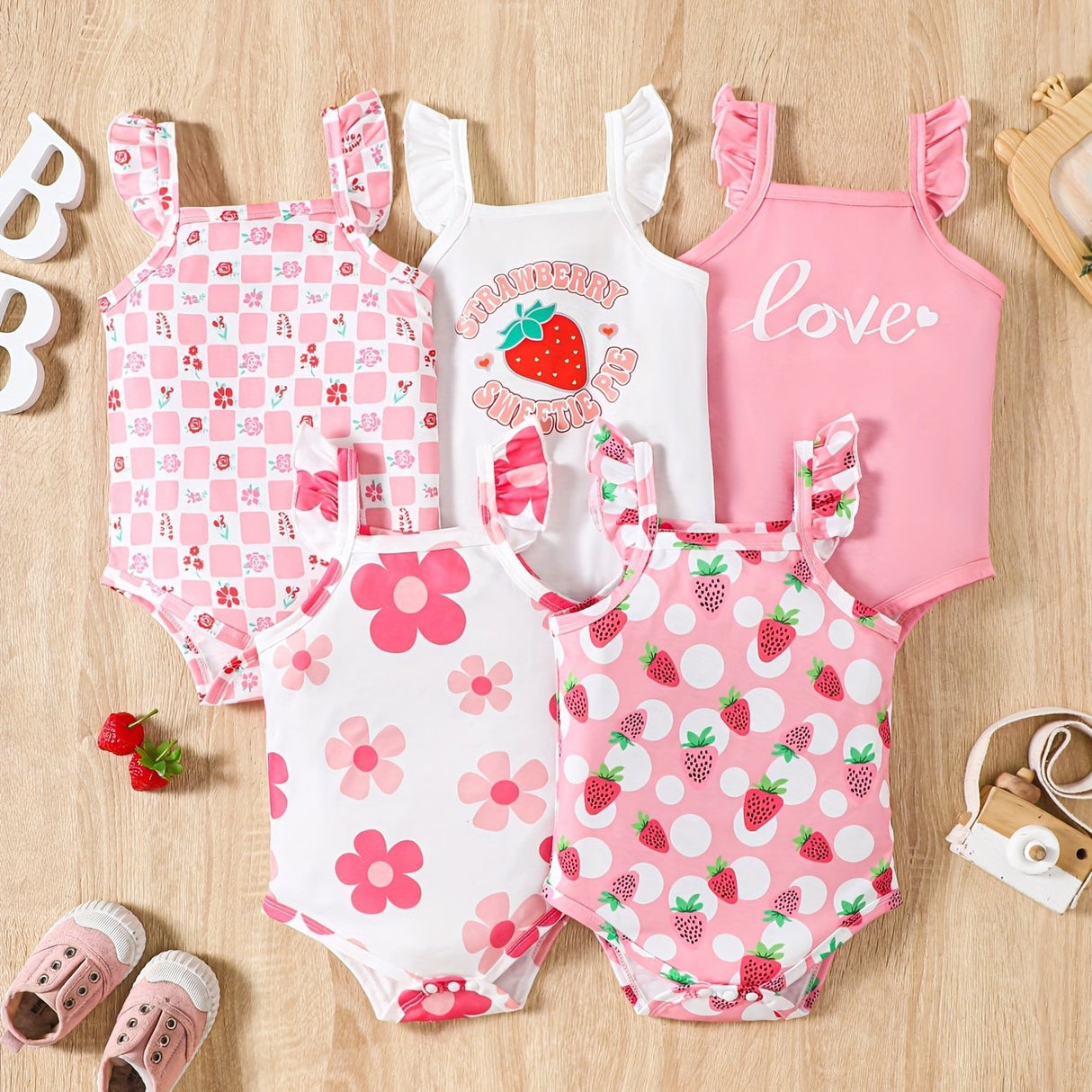 5pcs Baby Girls' Summer Rompers | Cute Fruit & Floral Print with Ruffled Straps | Soft Knit Fabric, Elastane & Polyester Blend | Button Closure | Multi-Color Pastel Yellow & White | Ideal for Playful Infants, Baby Girl Clothe