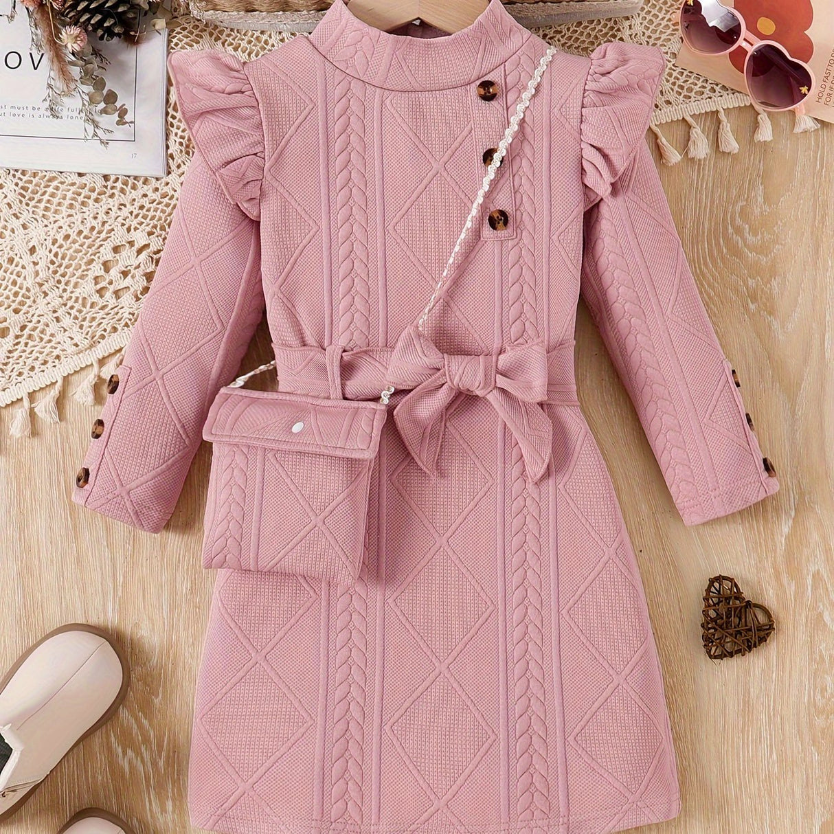 New Spring and Autumn Children's Plain Color Trendy Flying Sleeve Long Sleeve Water Drop Buckle Straight Dress + Belt + Bag