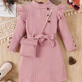 New Spring and Autumn Children's Plain Color Trendy Flying Sleeve Long Sleeve Water Drop Buckle Straight Dress + Belt + Bag
