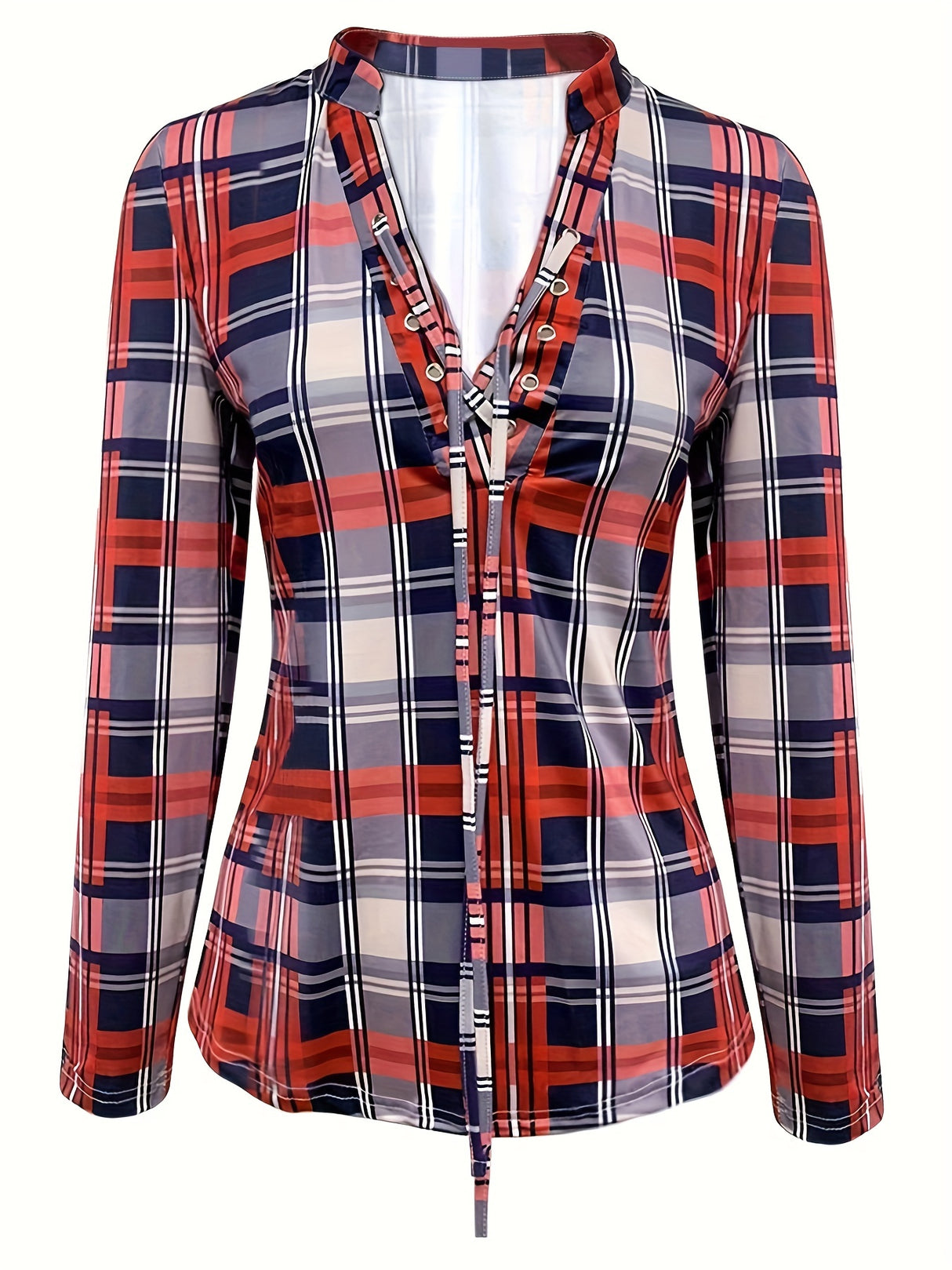 Casual Long Sleeve V Neck Plaid Print Drawstring Blouse - Women's Clothing