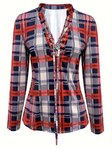 Casual Long Sleeve V Neck Plaid Print Drawstring Blouse - Women's Clothing