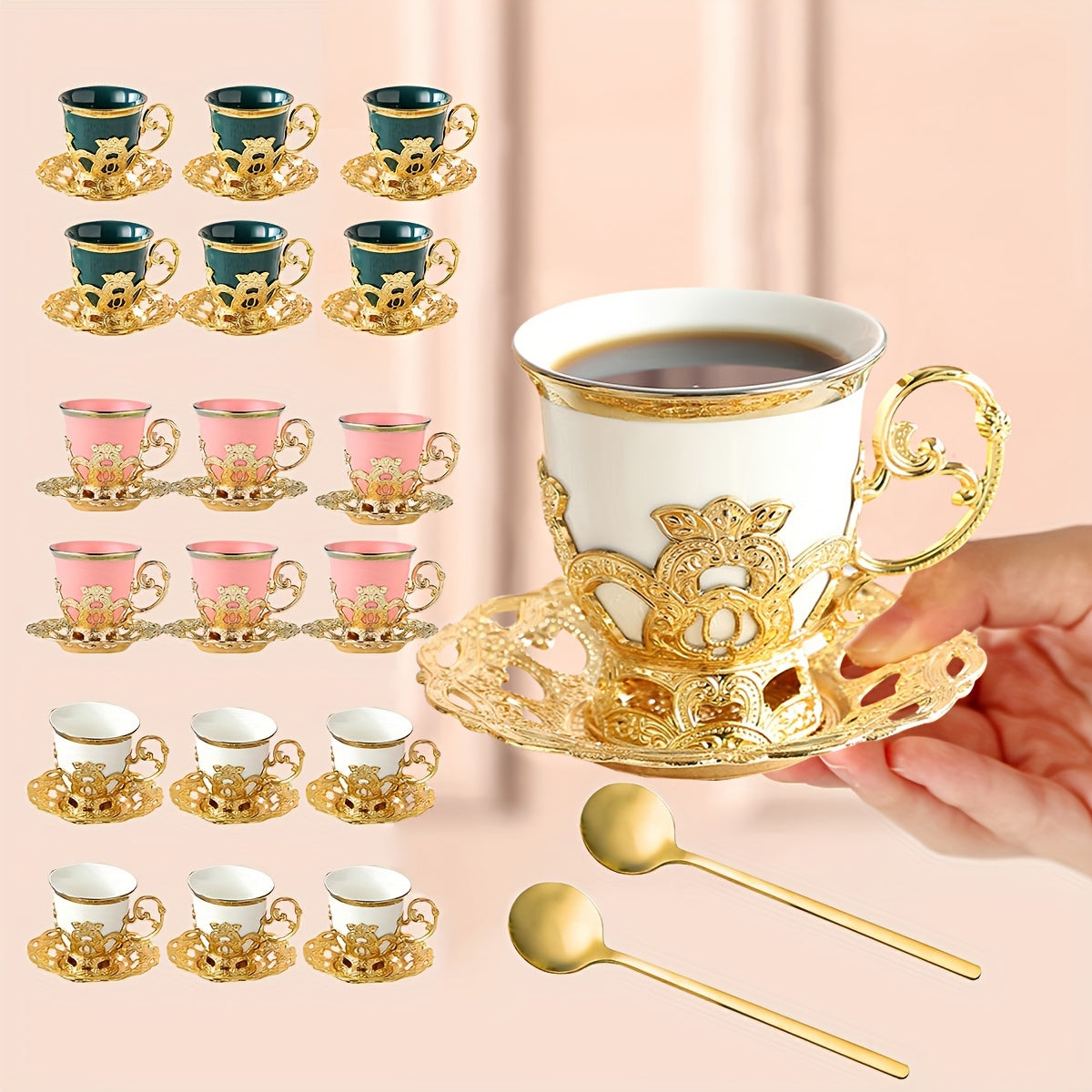 Sakura Train Set, Turkish Arabic Coffee Cups And Saucers, Espresso Cups With Saucer Plates And Spoons, Ceramic Tea Sets With Gift Box, 2.8 OZ (Golden)