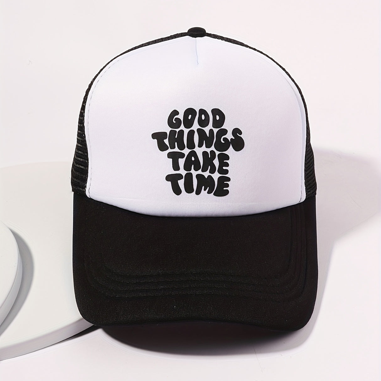 Printed Mesh Trucker Hat Good Things Take Time Color Block Baseball Cap Unisex Simple Breathable Dad Hats For Women Men