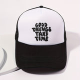 Printed Mesh Trucker Hat Good Things Take Time Color Block Baseball Cap Unisex Simple Breathable Dad Hats For Women Men