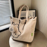 Simple Cartoon Bear Canvas Shoulder Bag, Versatile All-Match Tote Bag With Mini Coin Purse