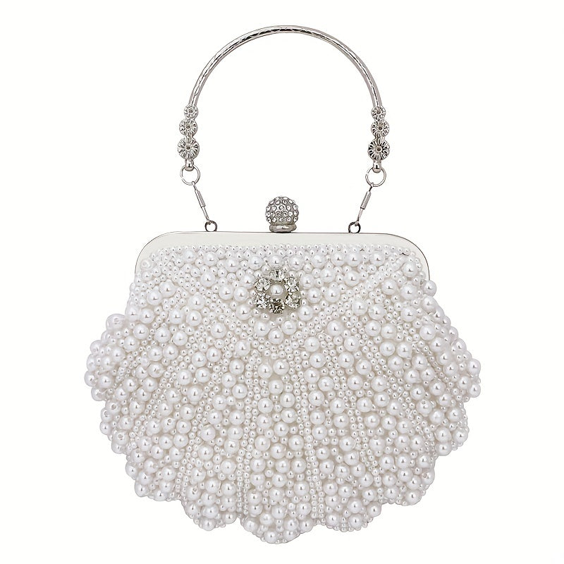 Shiny Event Clutch Bag, Buckle Metal Chain Handbag, Floral Handle Party Bag For Wedding