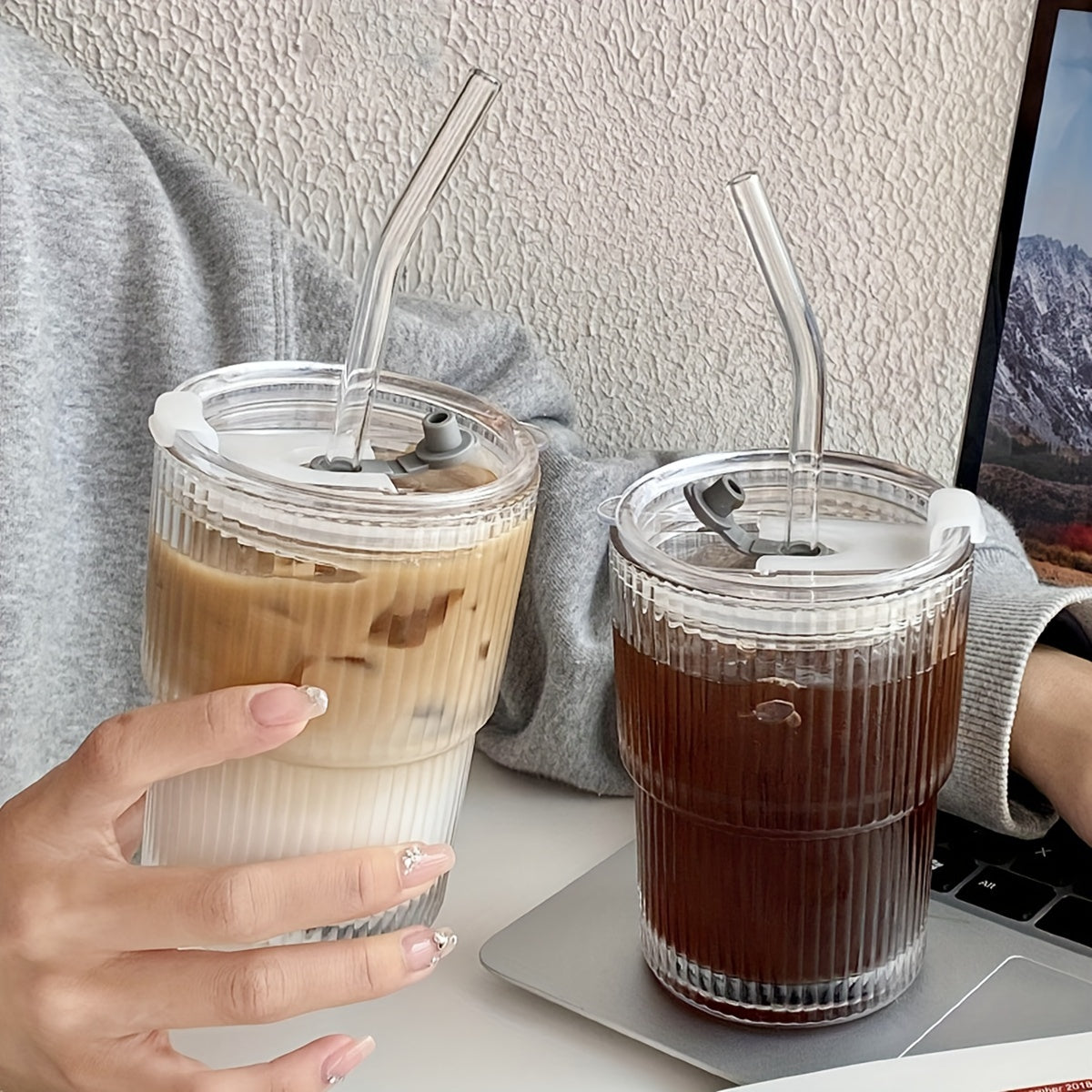 1pc Ribbed Glass Tumbler With Lid And Straw, Origami Style Drinking Glass, Iced Coffee Cups, Summer Winter Drinkware, Travel Accessories